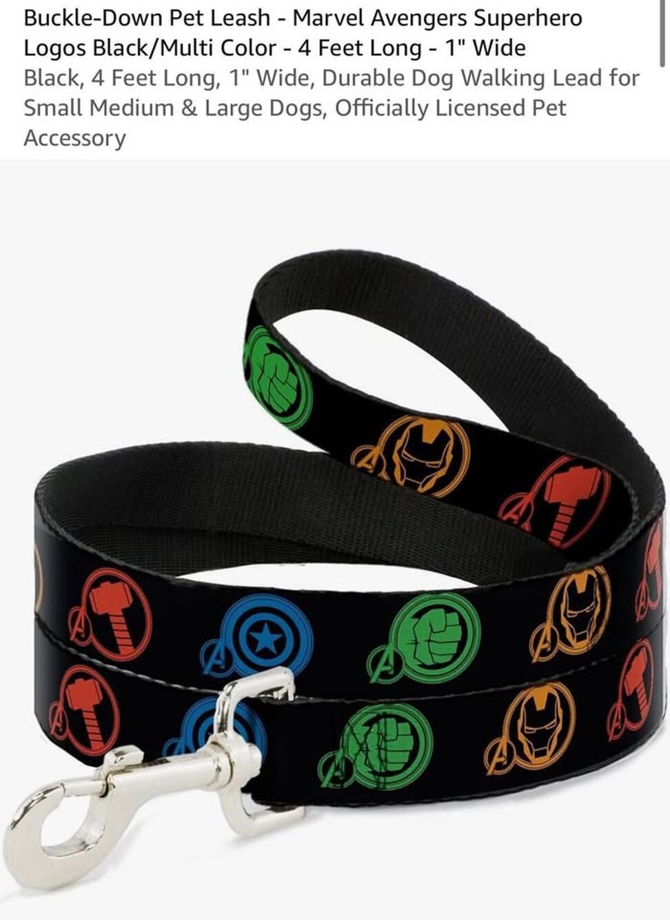 Buckle-Down Pet Leash - Marvel Avengers Superhero Logos Black 4 Ft 1" Wide